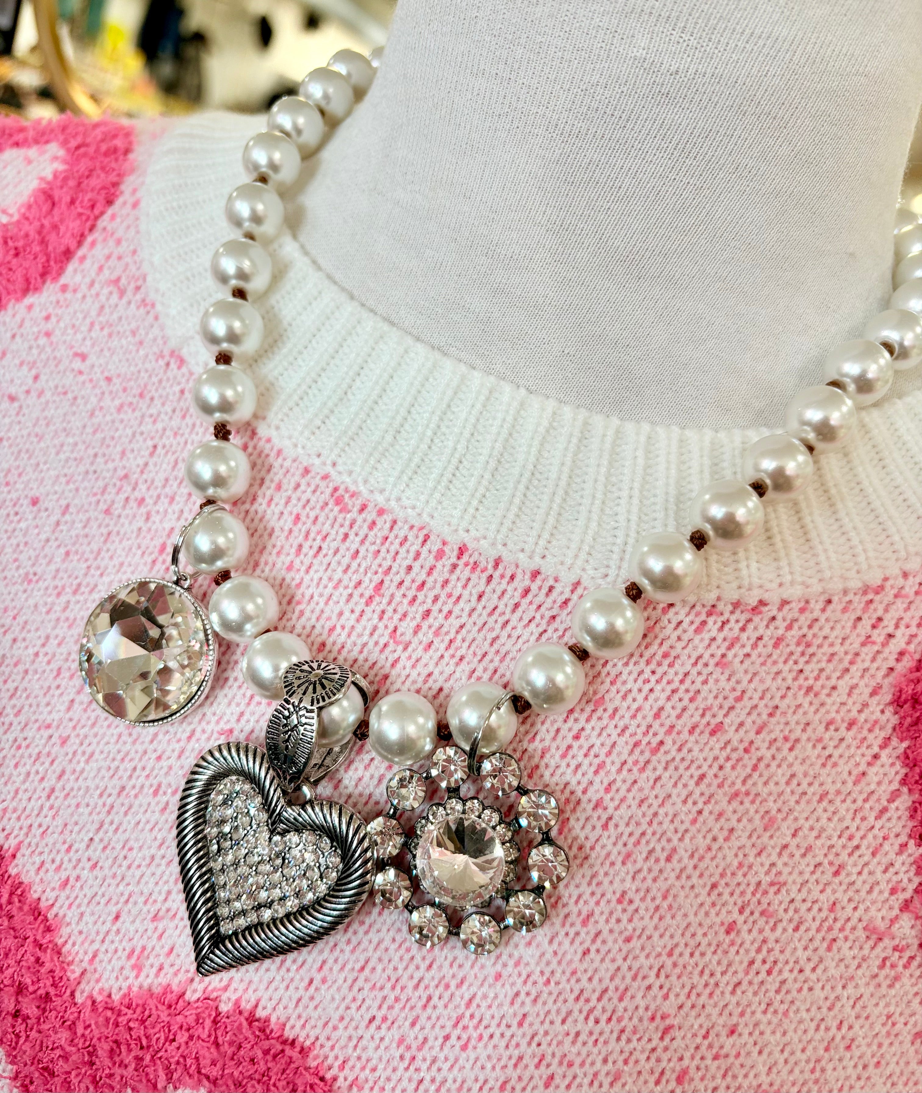Silver Three Charm Heart Pearl Necklace