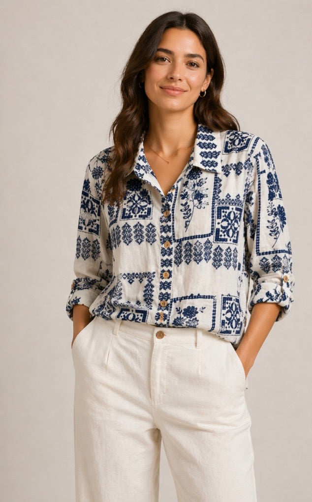 John Mark Blue Floral Eyelet Patchwork Blouse