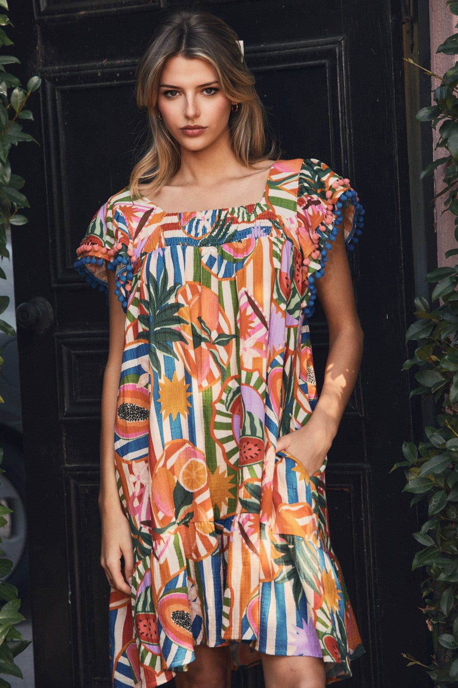 Fruit Medley Printed Peasant Dress
