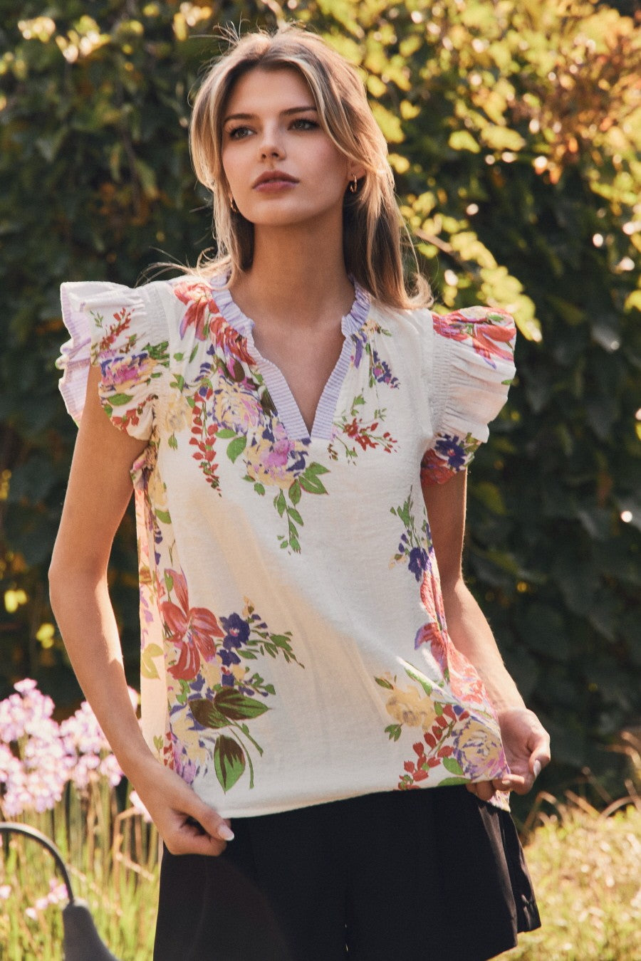 Ivory Multi Floral Contrast Stitch Top