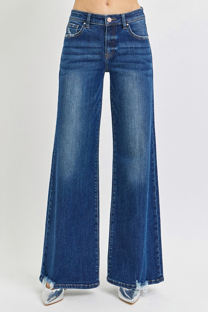 Risen Dark Wash Mid Rise Wide Leg Jeans