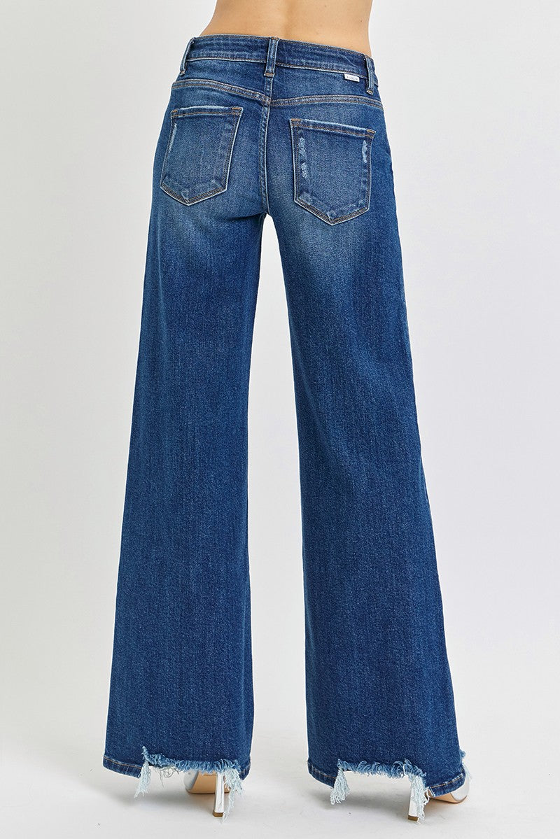 Risen Dark Wash Mid Rise Wide Leg Jeans
