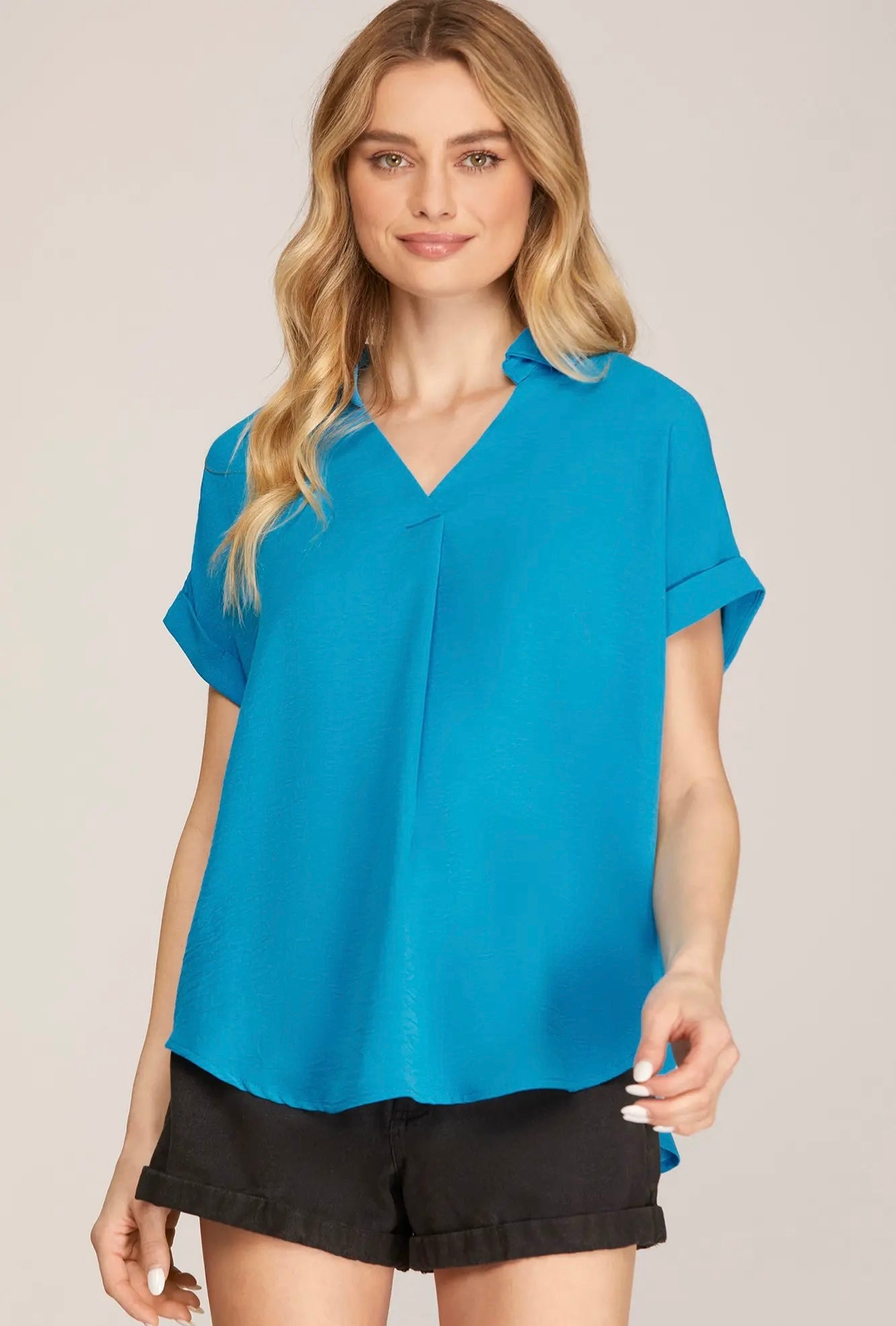 Drop Shoulder Woven Collared Top