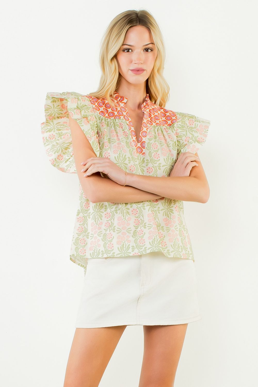Lime Ruffle Sleeve Floral Vneck Top