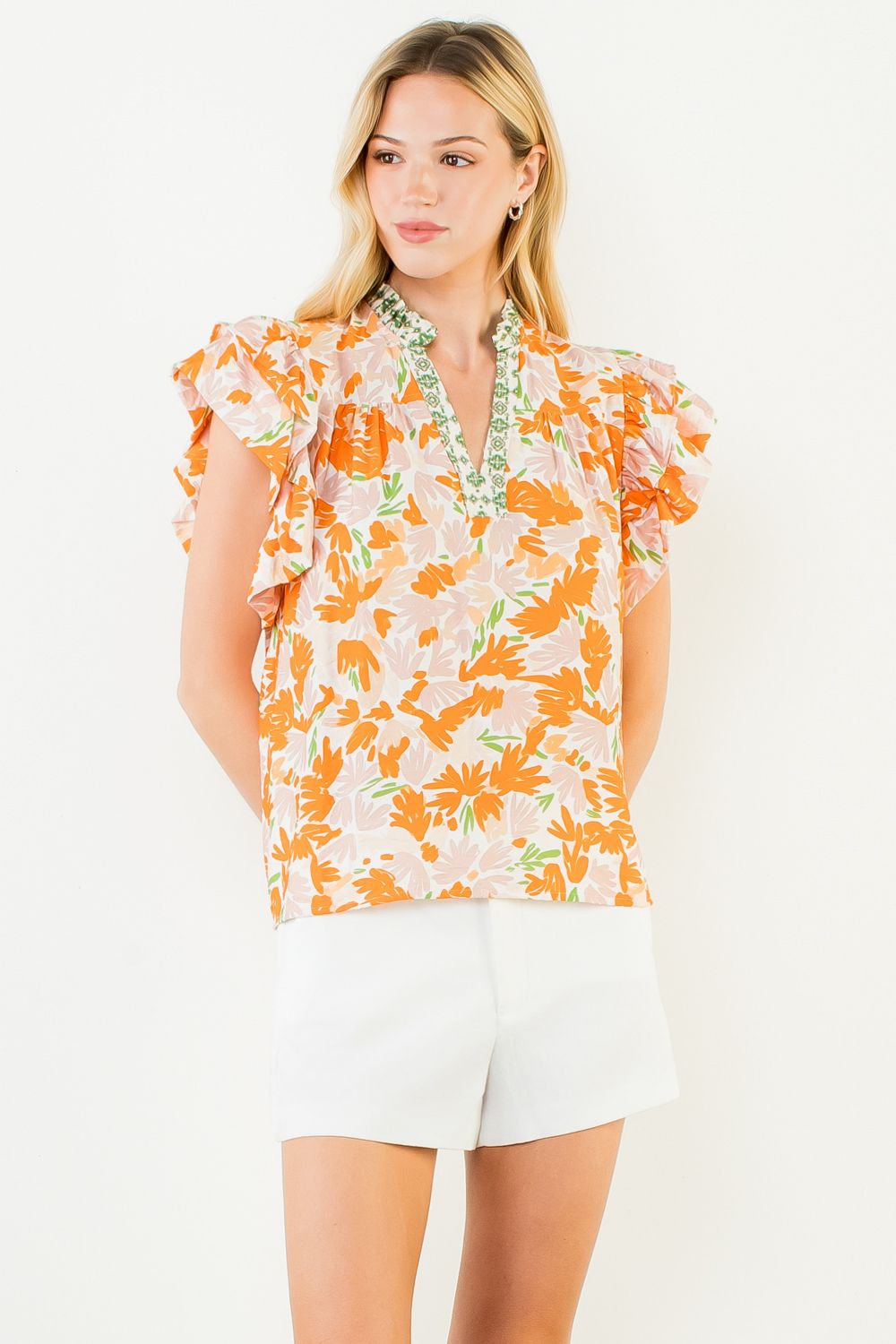Orange Flowy Sleeve Floral Vneck Top