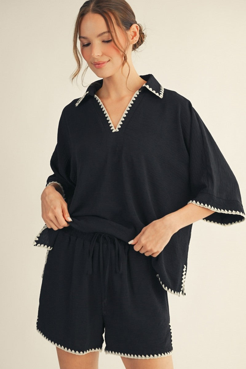 Black Embroidery Trim Short Set