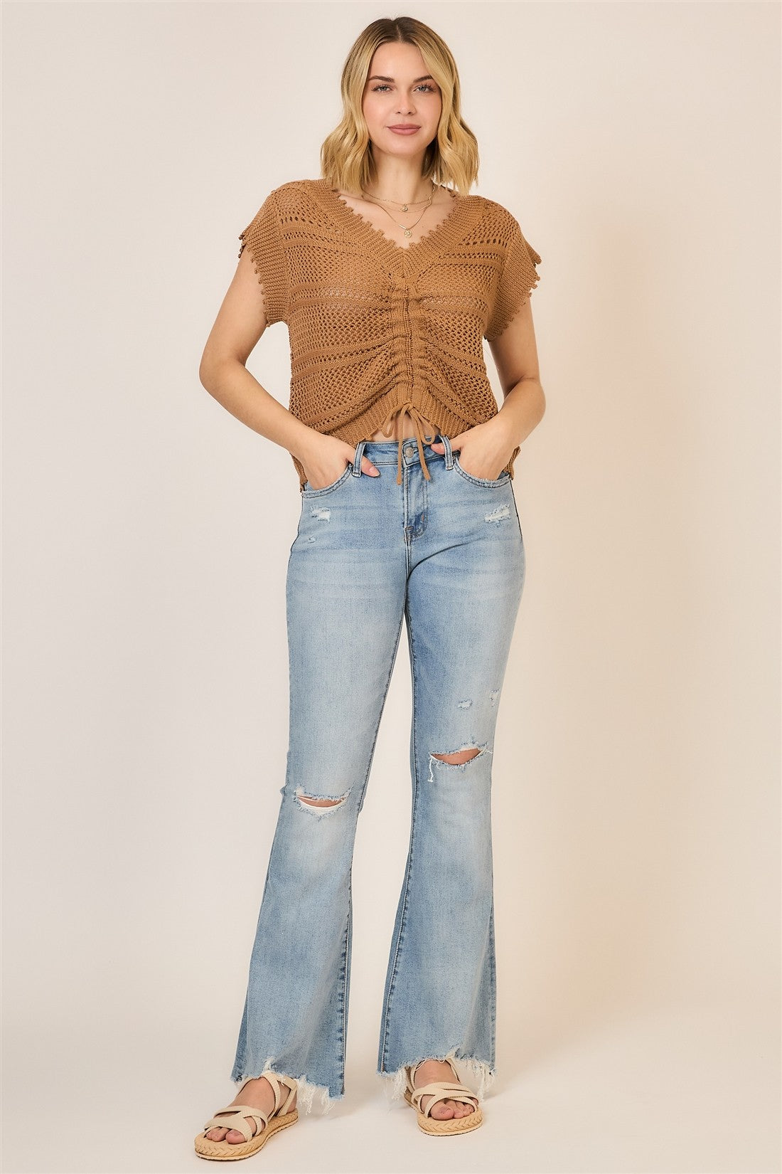 Camel Open Knit Ruched Short Sleeve Top