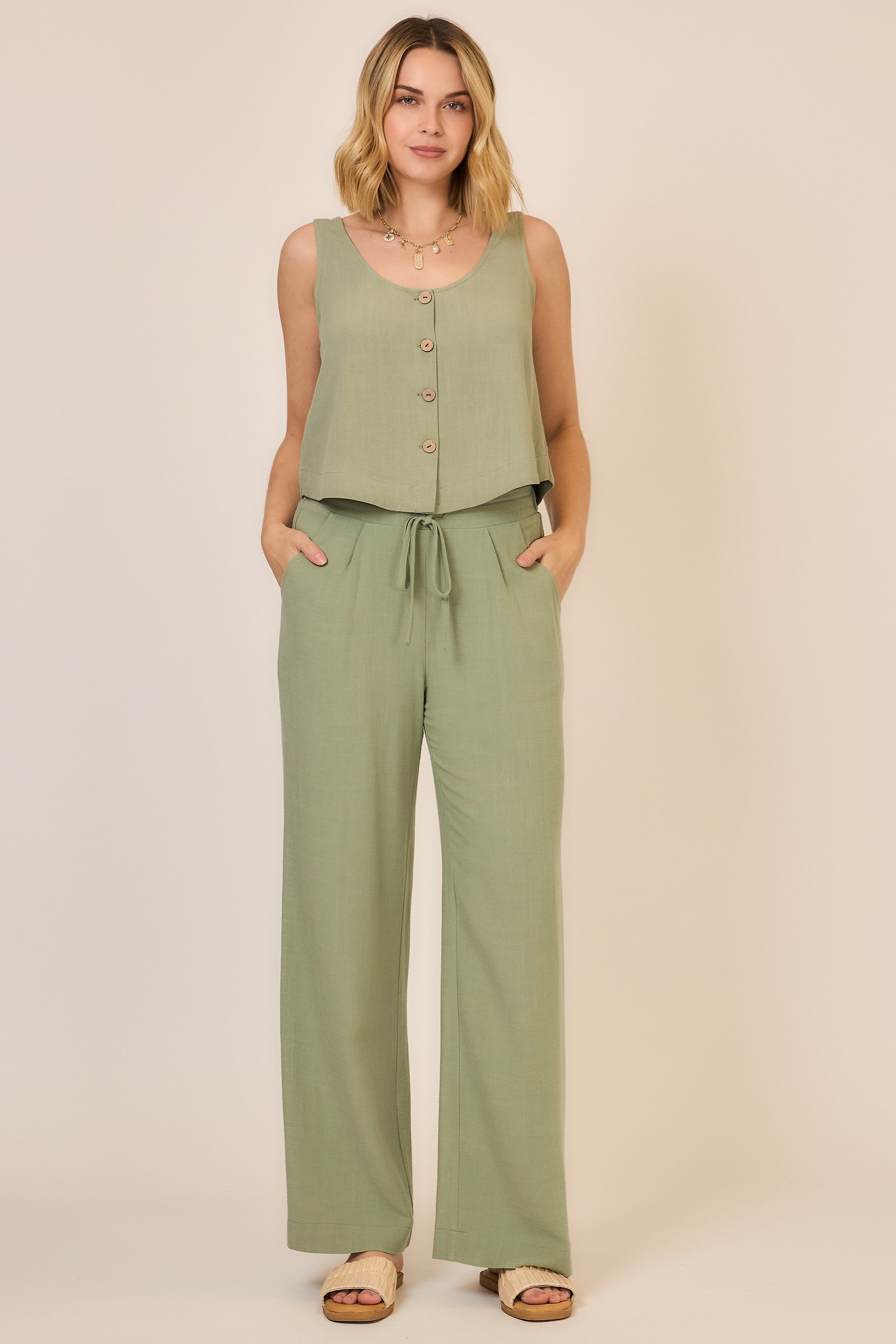 Olive Linen Blend Pants Set