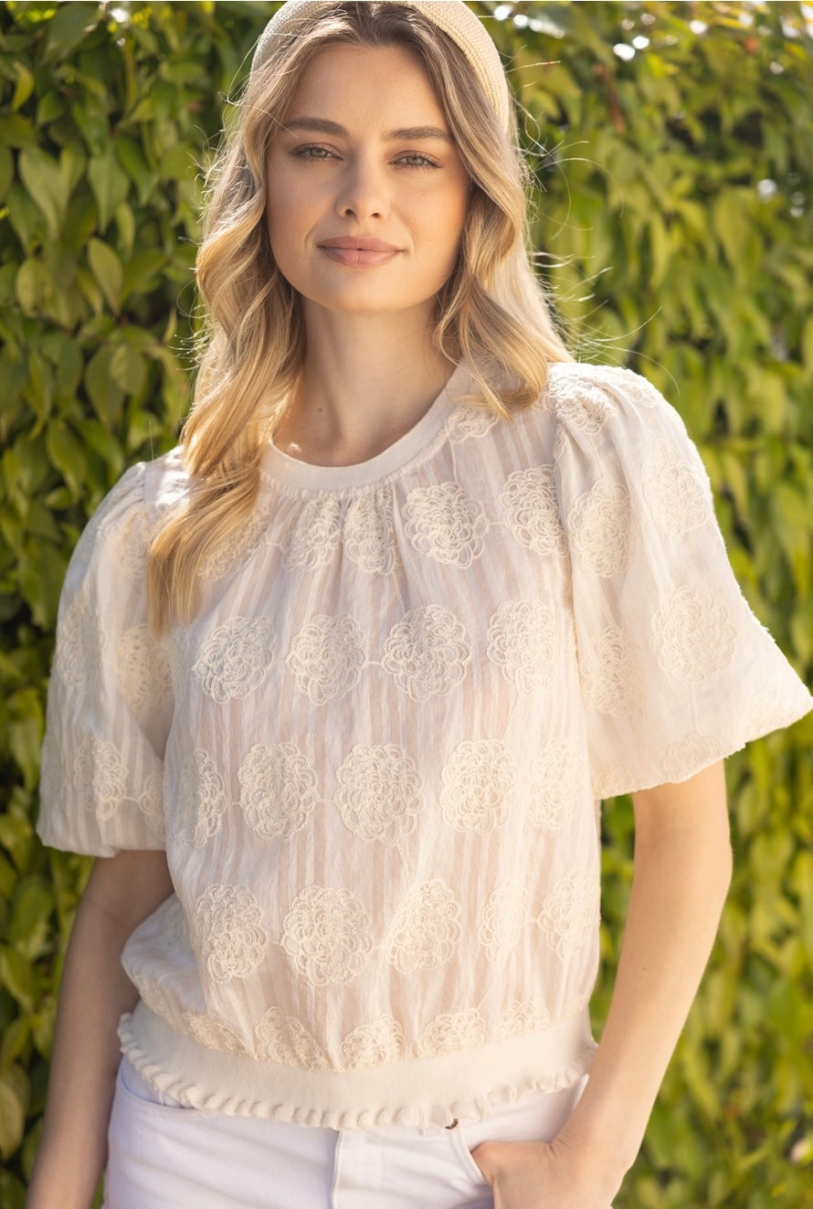 Cream Elastic Knit Hem Stripe and Floral Embroidered Top