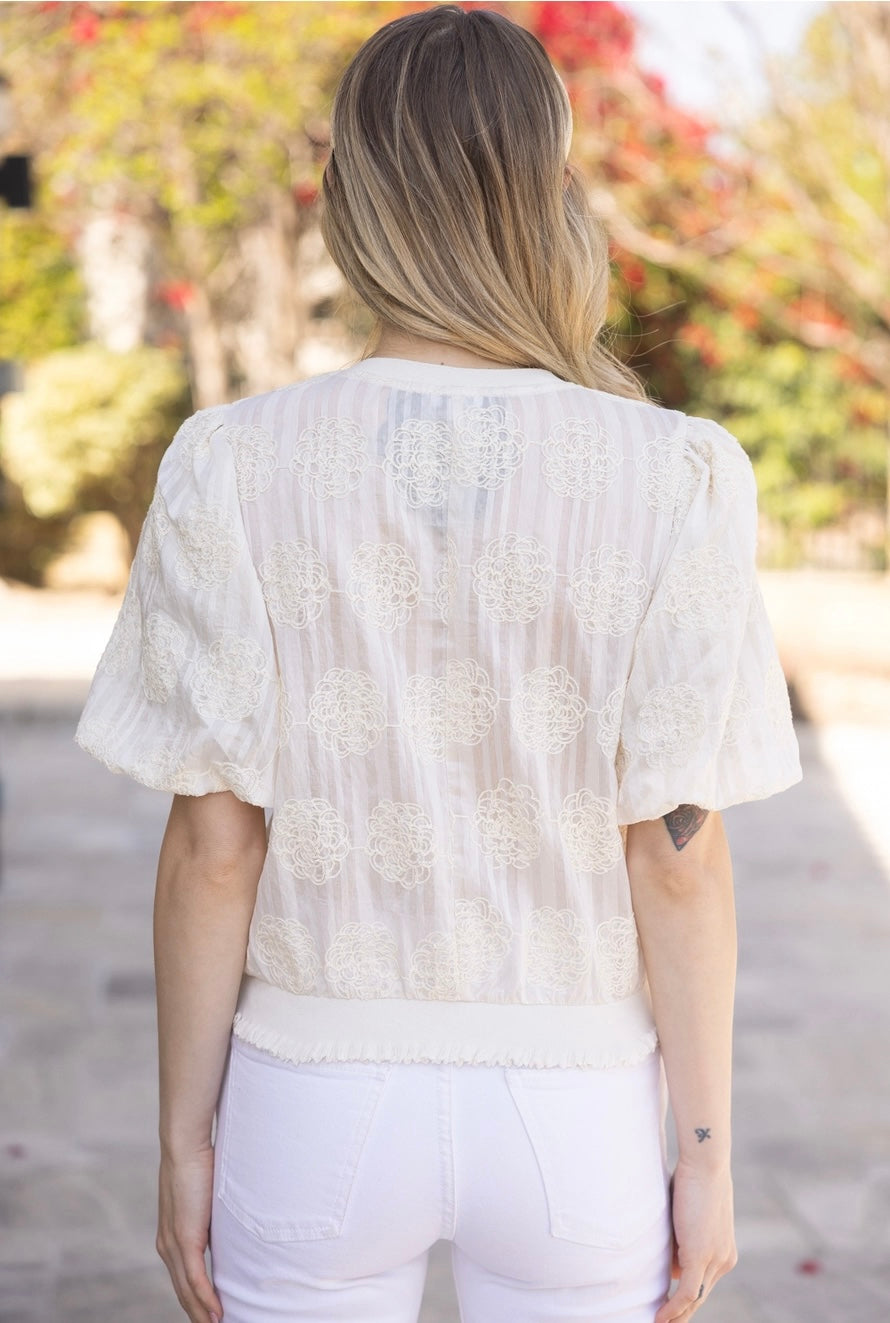 Cream Elastic Knit Hem Stripe and Floral Embroidered Top