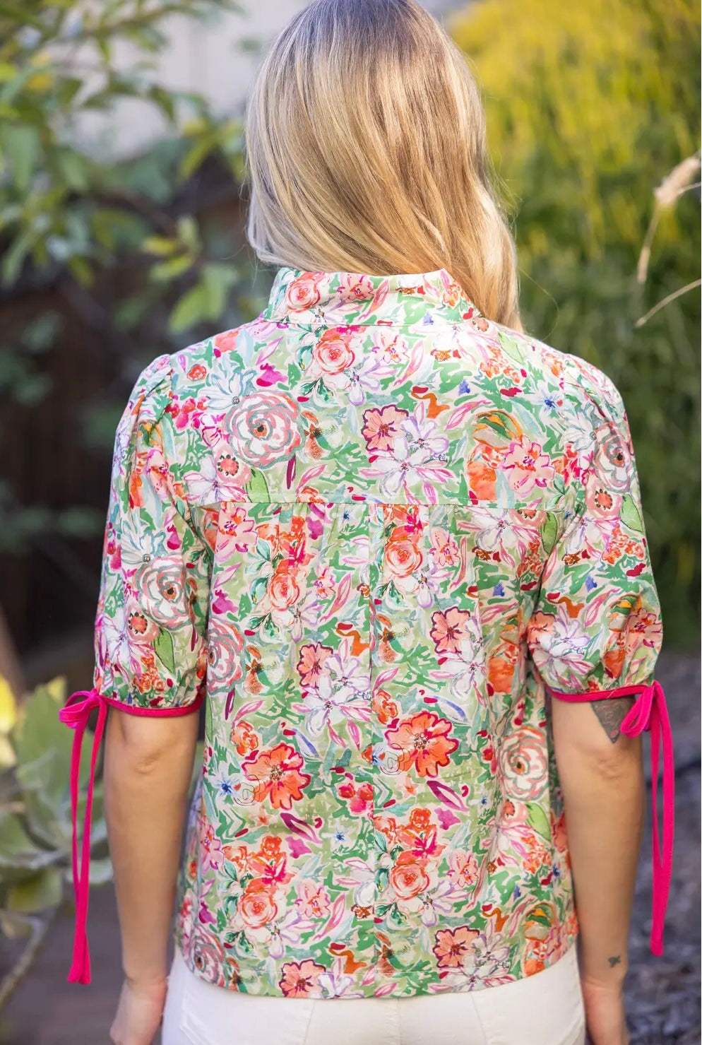 Pink Contrast Quarter Placket Floral Top