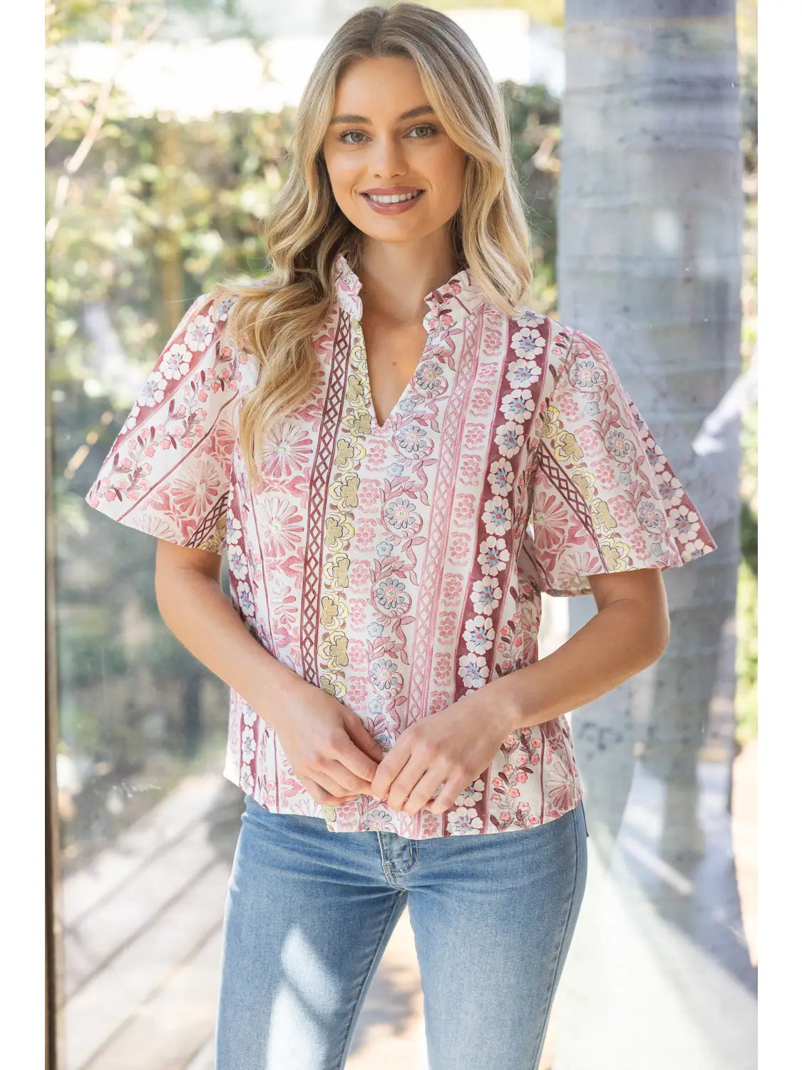 Red Ruffle Floral Embroidery Top