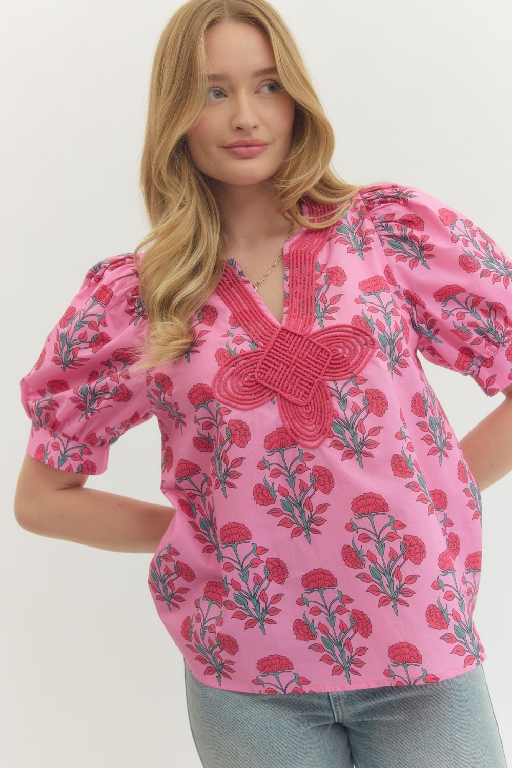 Pink Floral Appliqué Neck Top