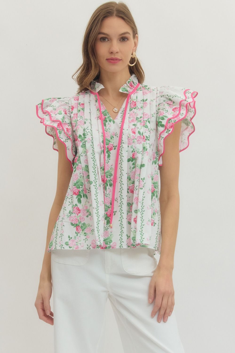 Pink Flutter Sleeve Tie Front Top