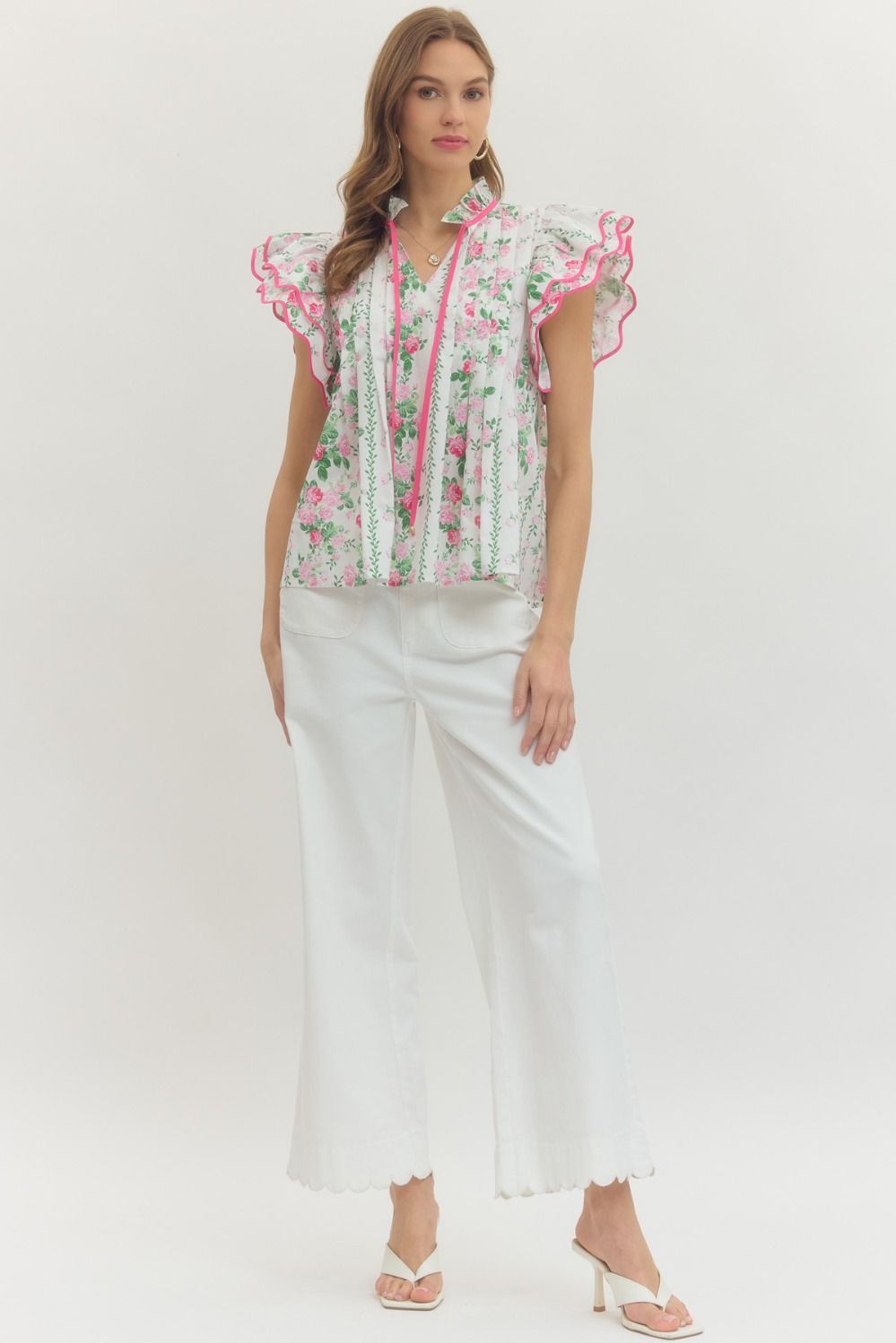 Pink Flutter Sleeve Tie Front Top