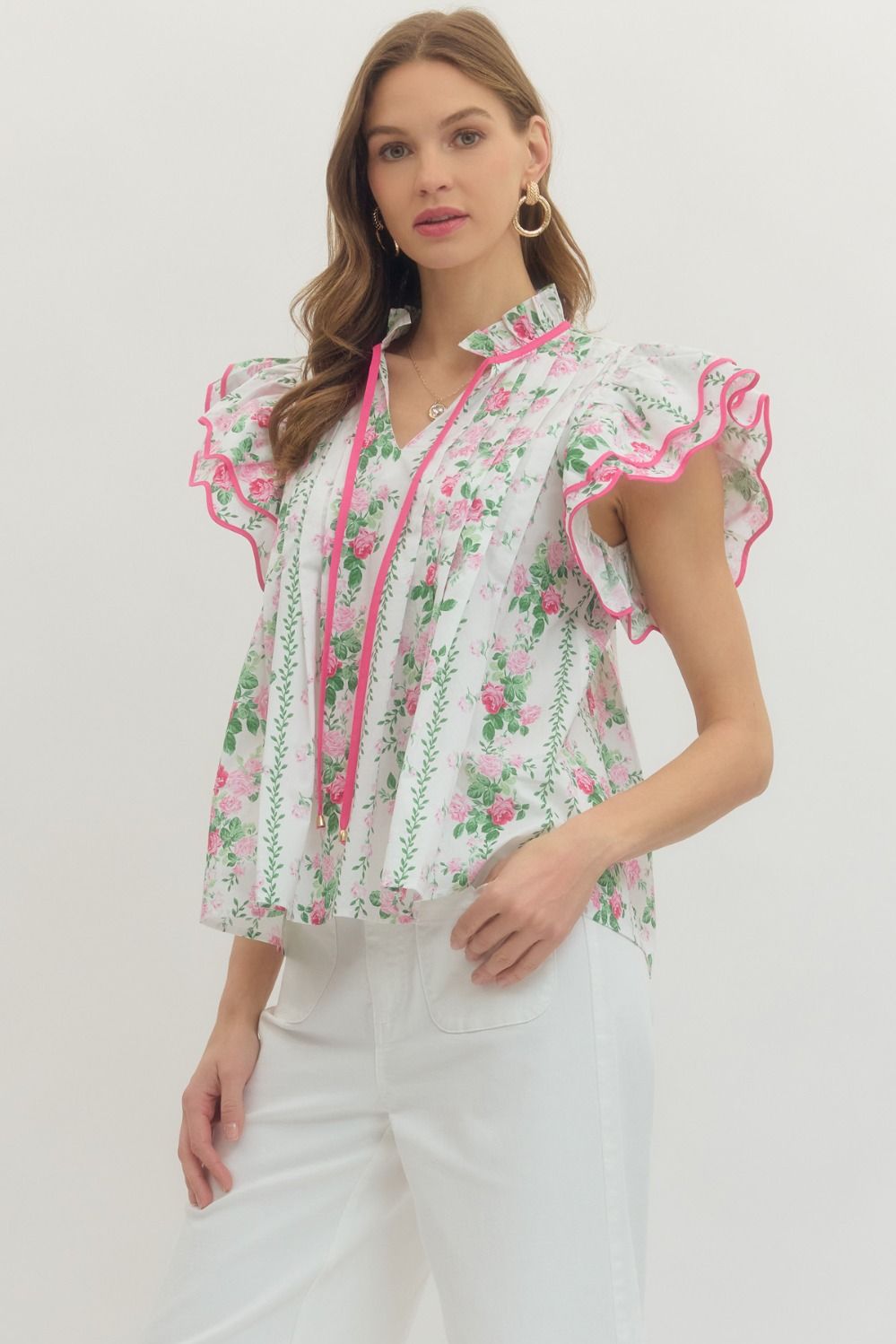 Pink Flutter Sleeve Tie Front Top