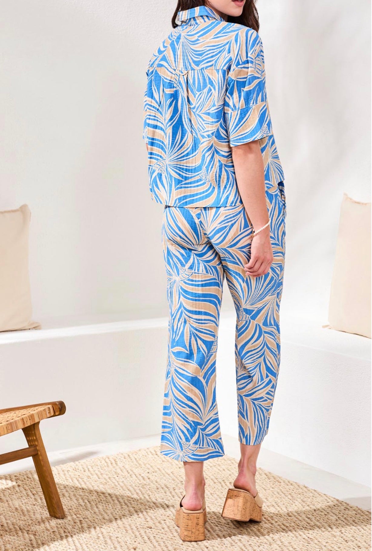Tribal Short Sleeve Button Front Camp Shirt & Pull On Pant Set-Royal