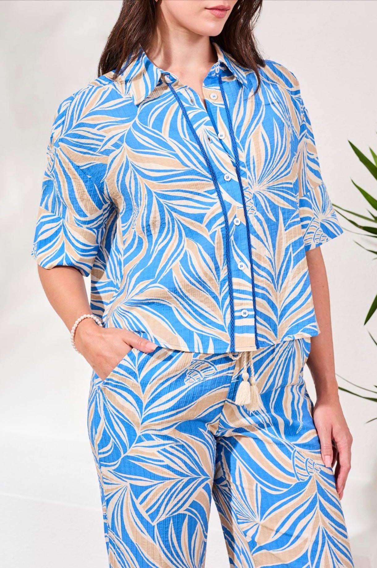 Tribal Short Sleeve Button Front Camp Shirt & Pull On Pant Set-Royal