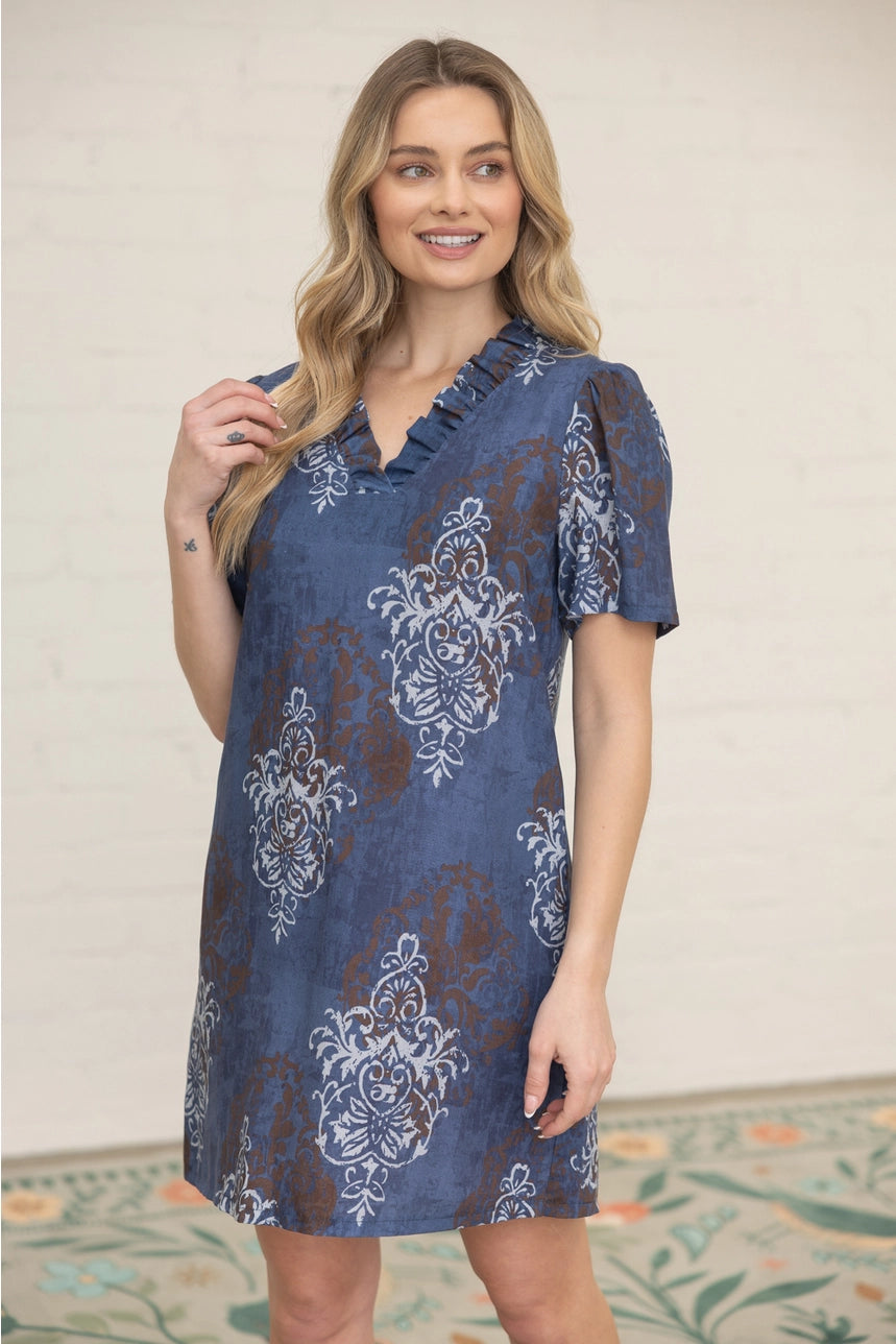 Navy Ruffled V Neck Printed Shift Dress