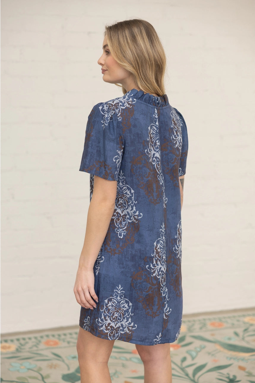 Navy Ruffled V Neck Printed Shift Dress