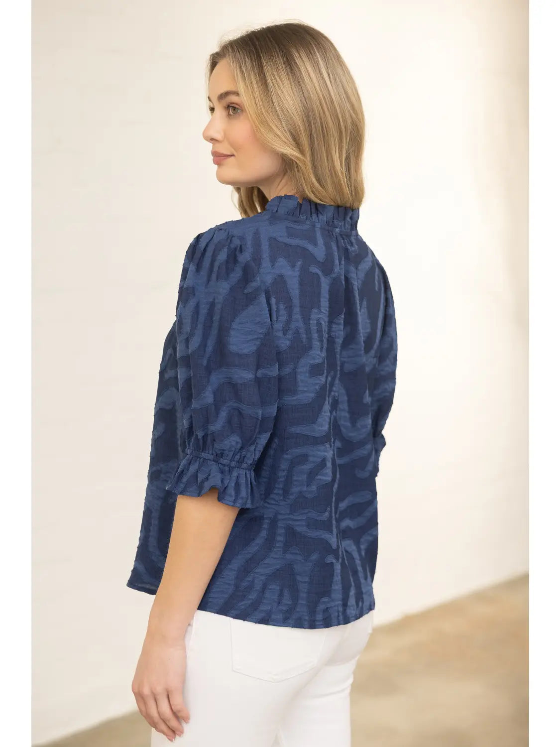 Navy Vneck Diamond Textured Top