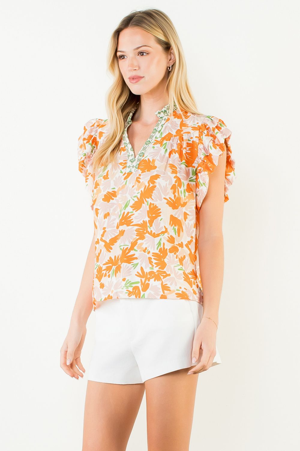Orange Flowy Sleeve Floral Vneck Top