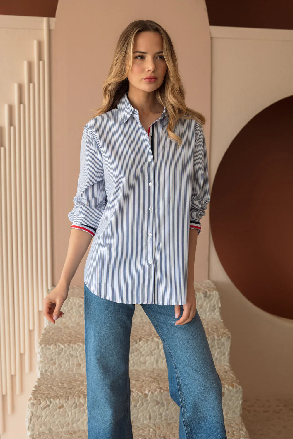 Jasmine Coton Pinstripe Red Detail Shirt
