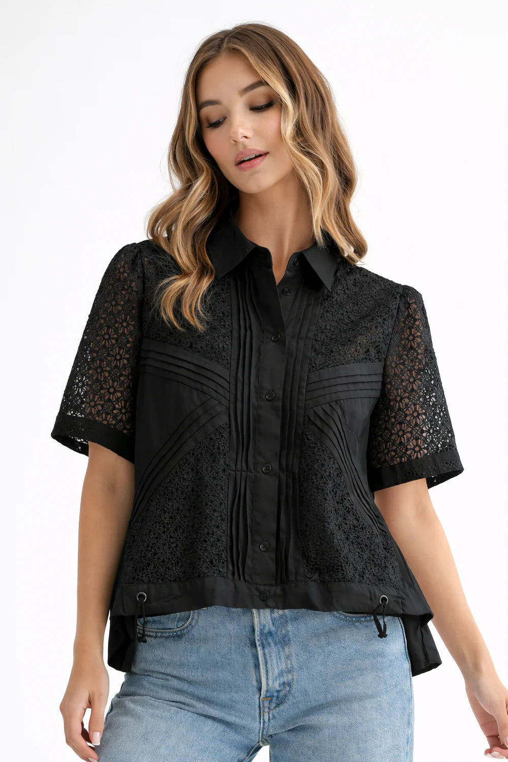 Cora Black Lace Back Pleated Top