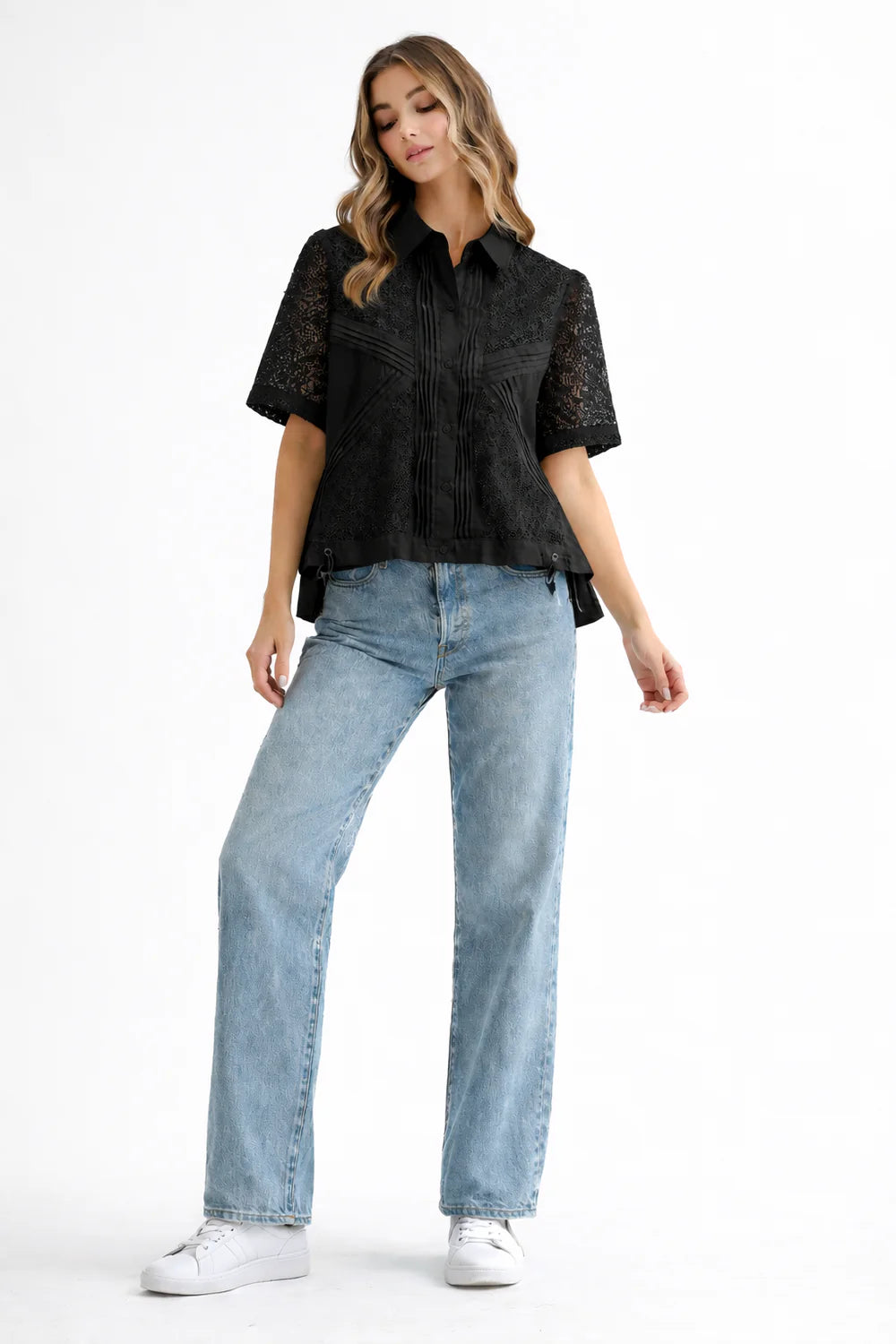 Cora Black Lace Back Pleated Top