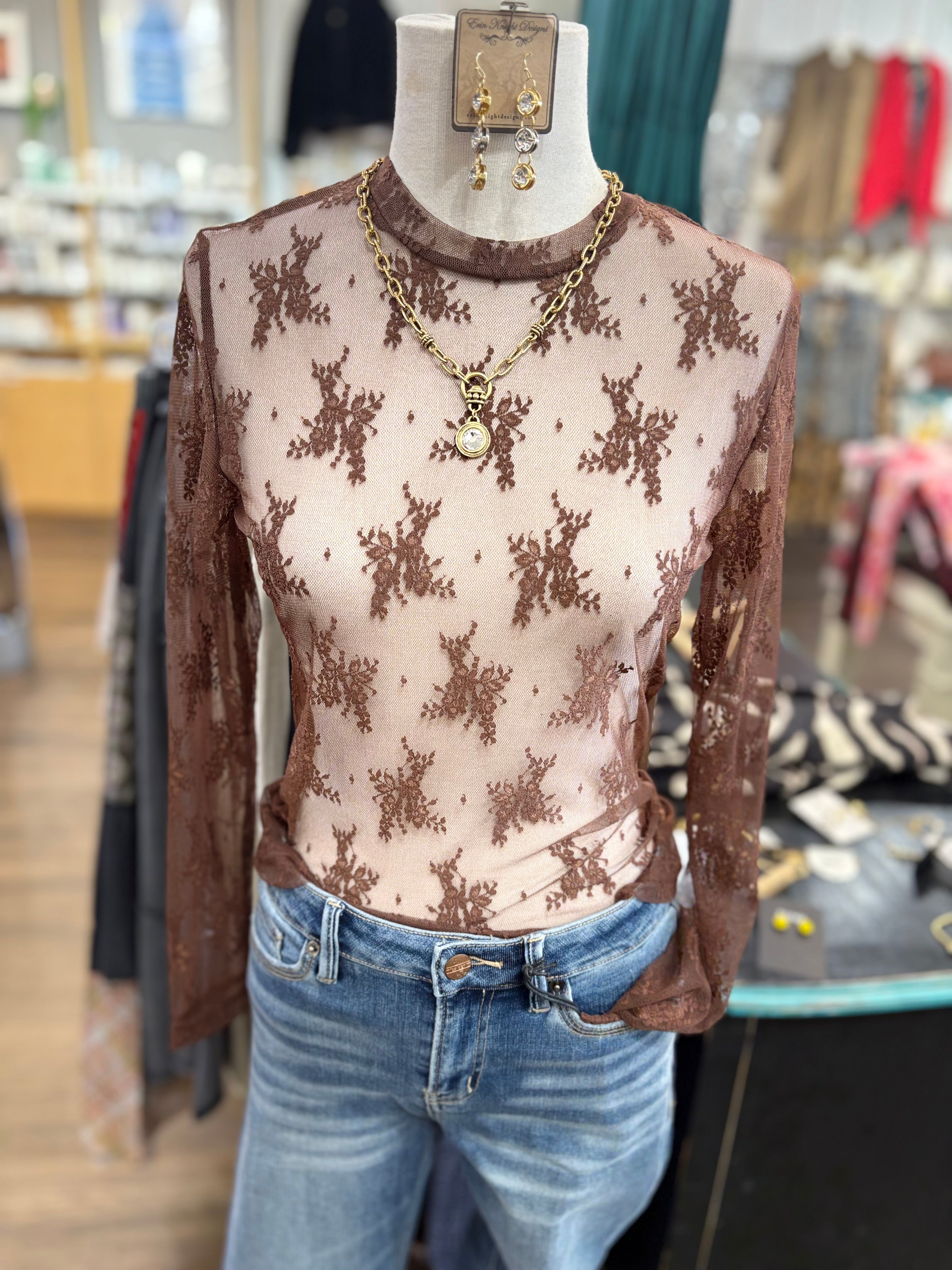 Brown Lace LS Top