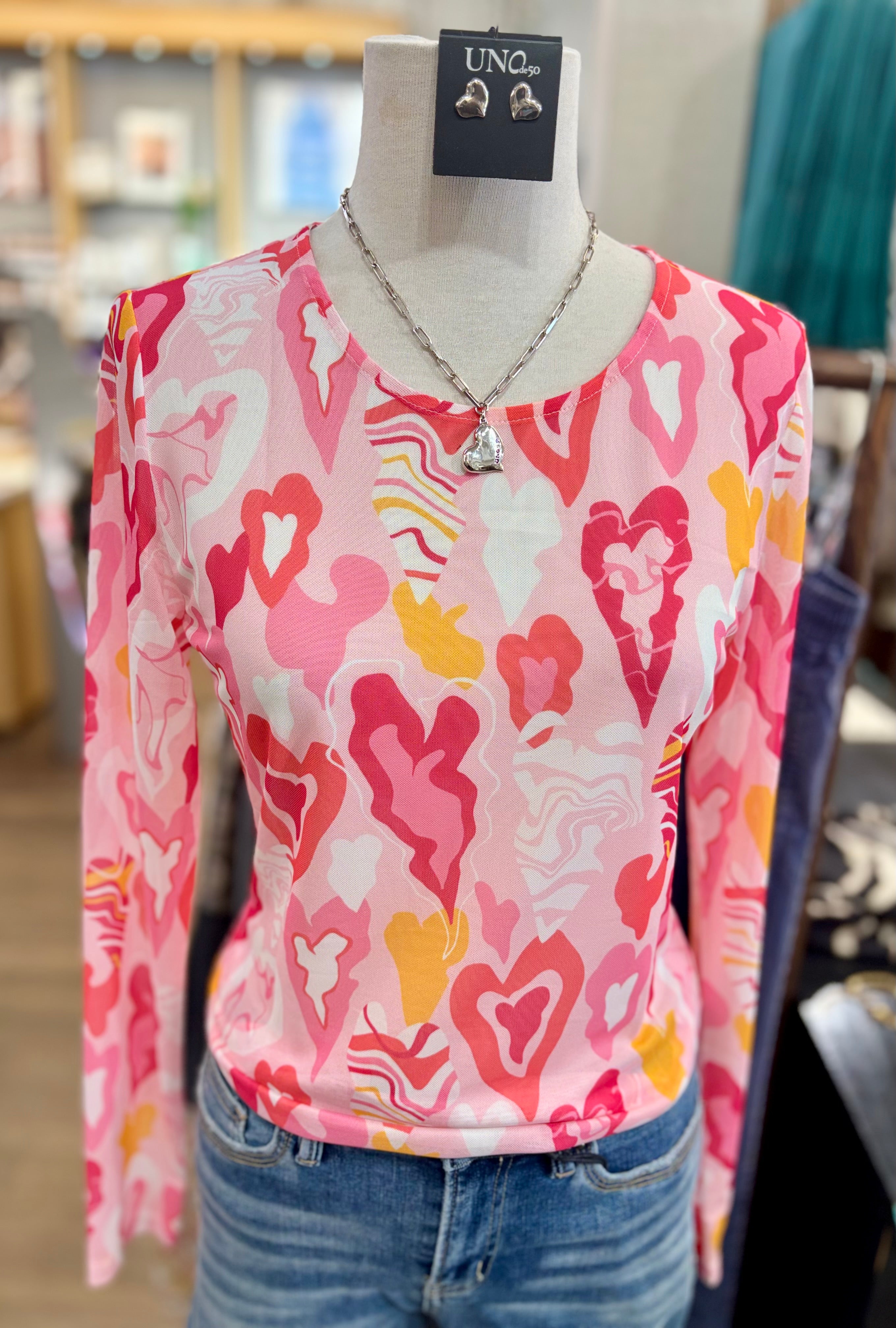 Valentine Mesh Long Sleeve Round Neck Heart Top