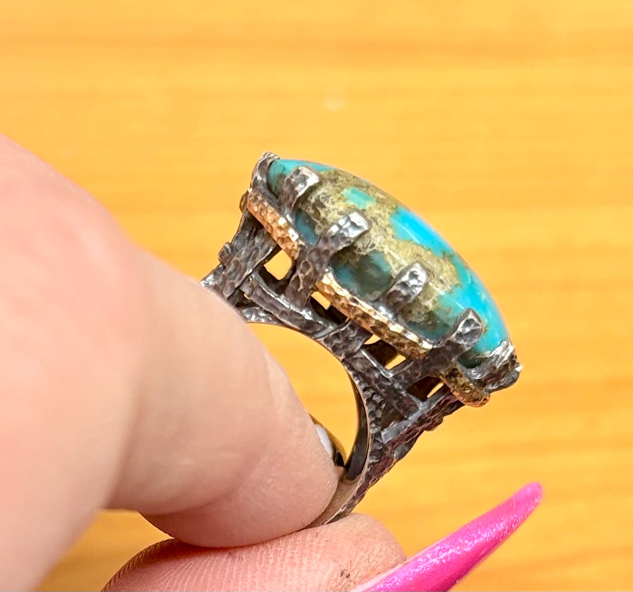 Turquoise Oval Oxidized Silver & Gold Ring - Size 7