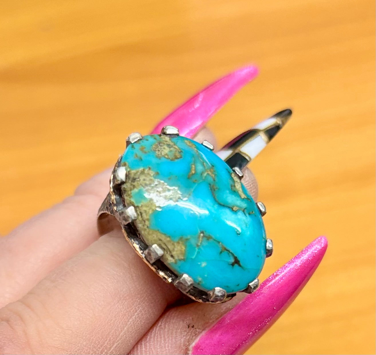 Turquoise Oval Oxidized Silver & Gold Ring - Size 7