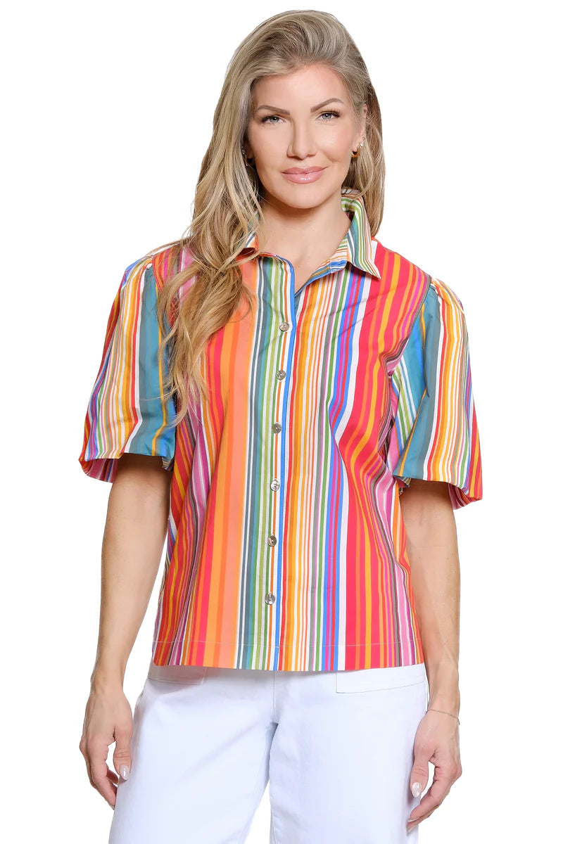 John Mark Stripe Multi Short Sleeve Button Front Blouse