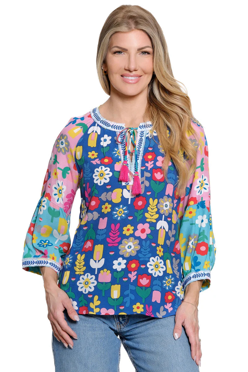 John Mark Floral Multi Print Top with Blouson Sleeves