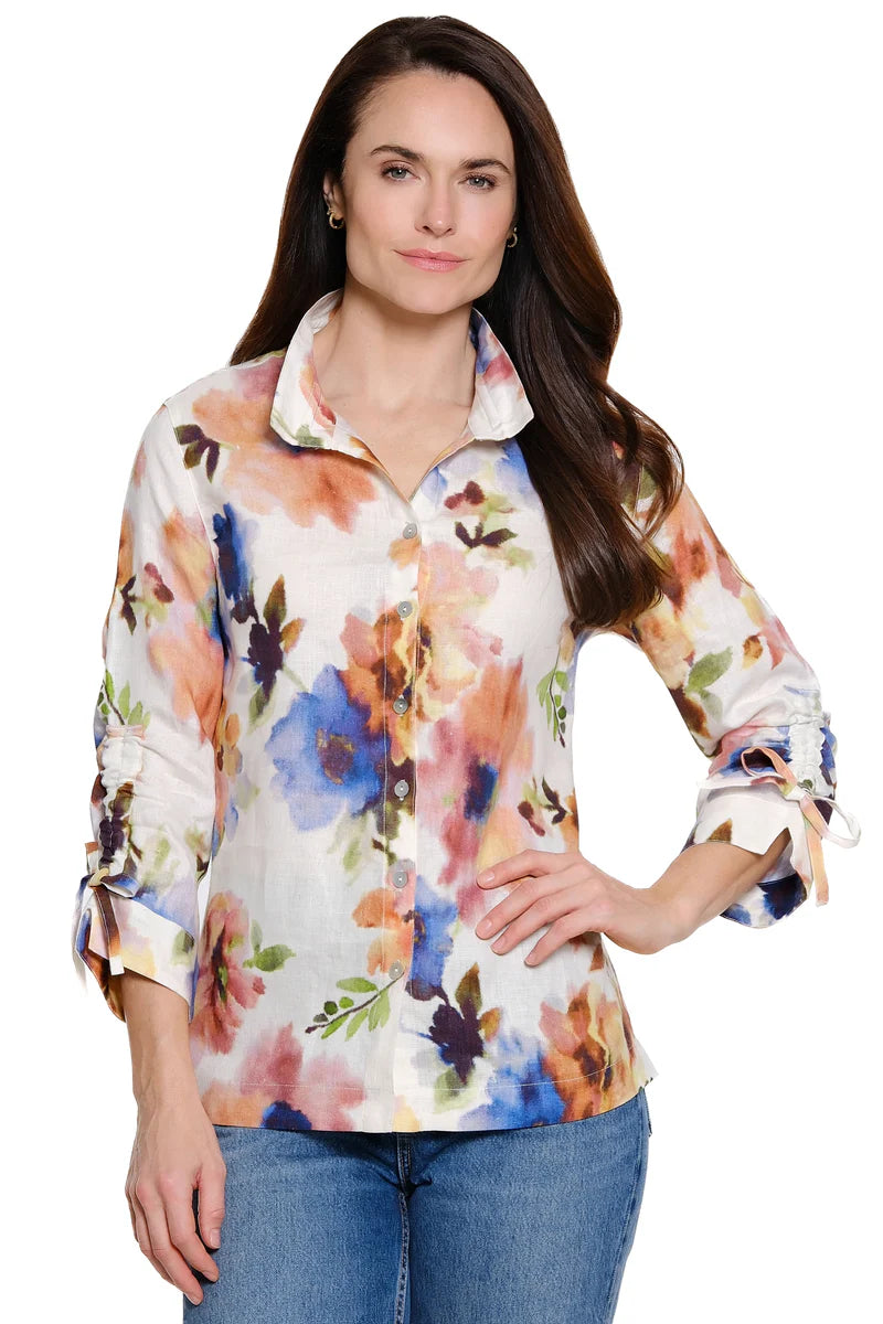 John Mark Linen Floral Print Blouse with Wire Collar - Watercolor Floral