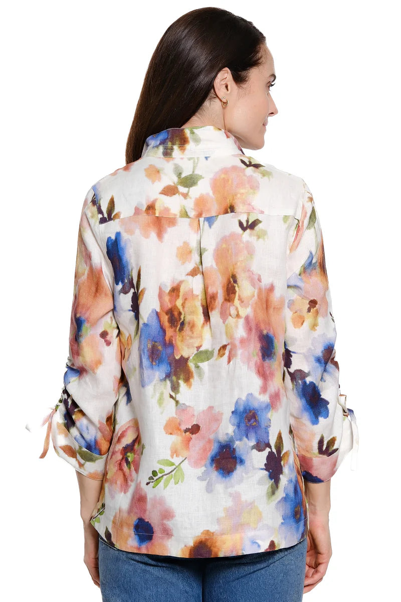 John Mark Linen Floral Print Blouse with Wire Collar - Watercolor Floral