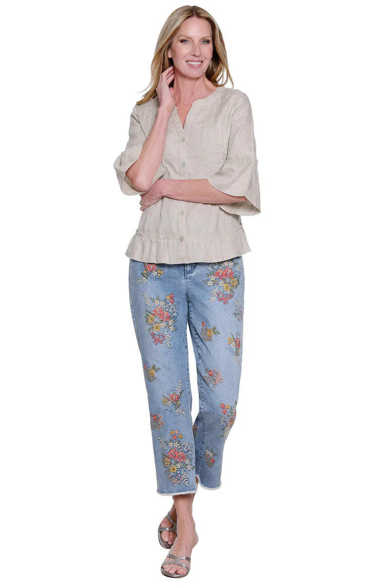 John Mark Embroidered Flare Crop Leg 5 Pocket Jean - Denim Print