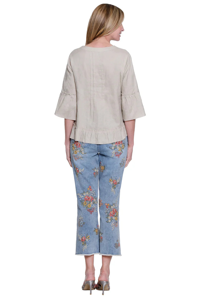 John Mark Embroidered Flare Crop Leg 5 Pocket Jean - Denim Print