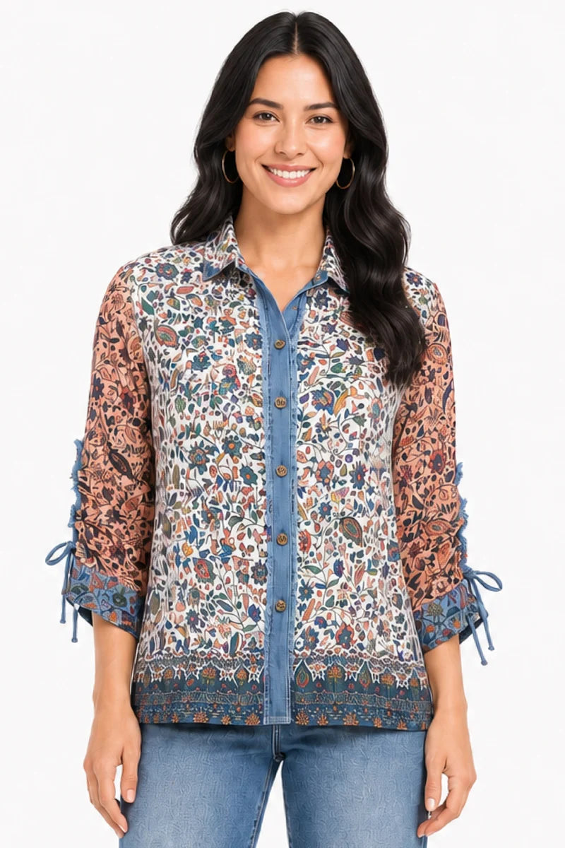 John Mark Floral Multi Mixed Print Cinch Blouse - Missy