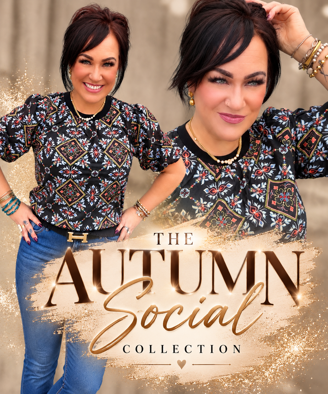 Autumn Social Collection live sale announcement - floral off-shoulder top beside a rack of new fall arrivals