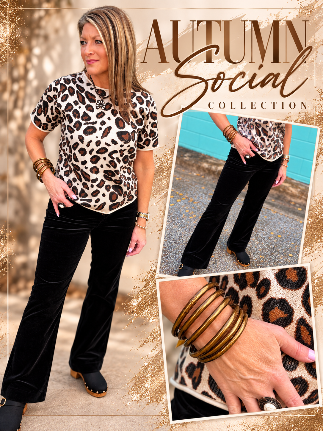 Leopard print short sleeve tee with black velvet flare pants and stacked bronze bangles