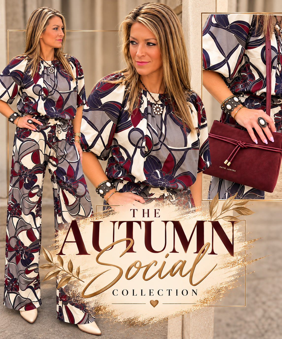 Burgundy, navy and cream abstract floral print top and wide leg pant set with a burgundy Katie Loxton bag