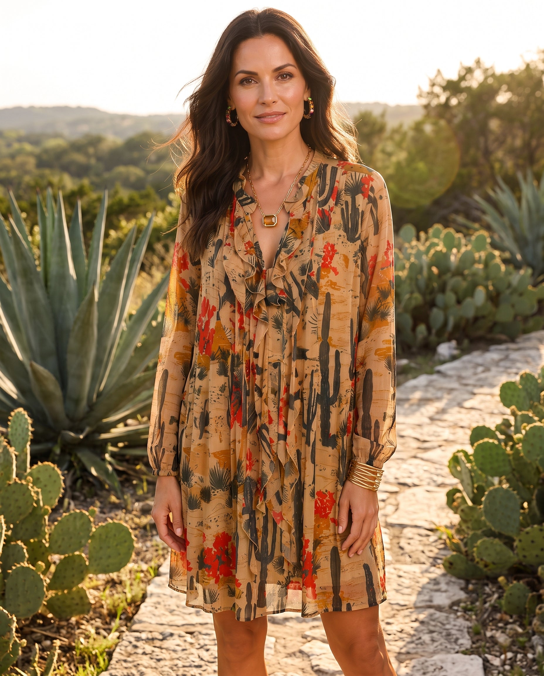 Cactus Print Mesh Long Sleeve Dress