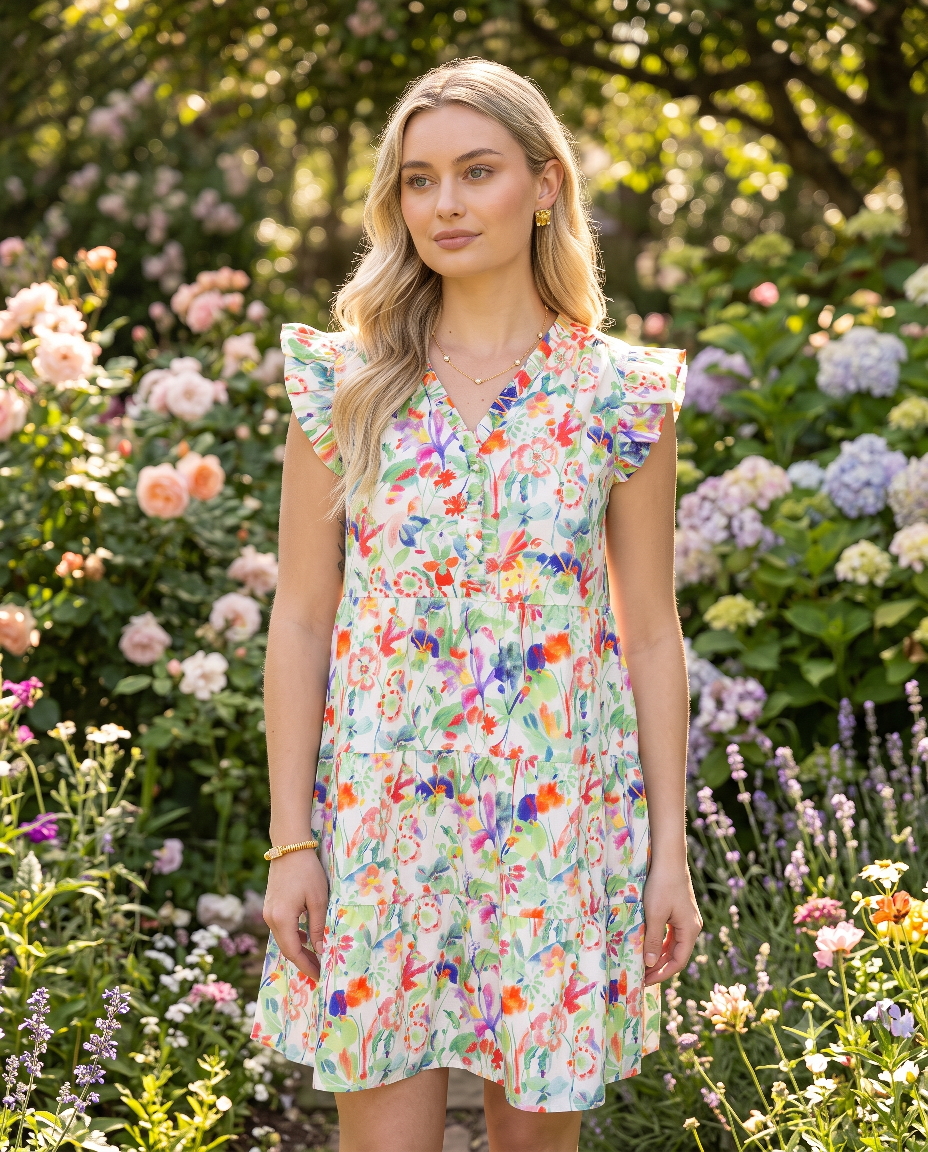 Multi Ruffle Details Tiered Floral Dress