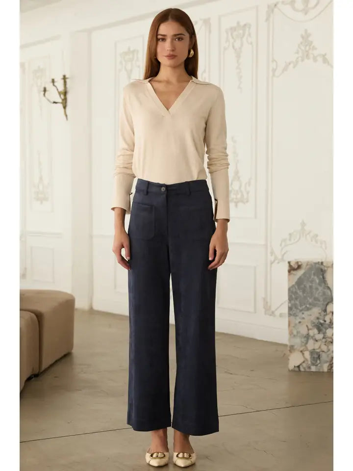 Navy Faux Suede Wide Leg Pants with Front Pockets