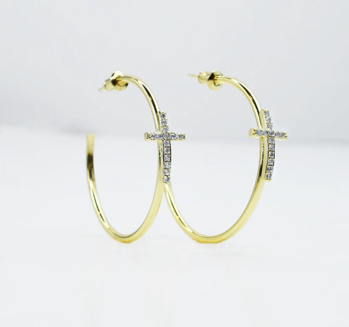 Golden Crossed Grace Hoop Earrings