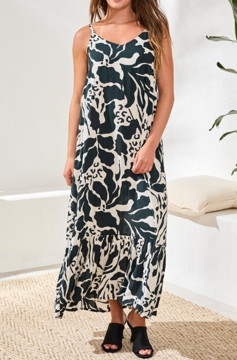 Tribal Maxi Dress w/Frill and Bk Smocking - Almost Black