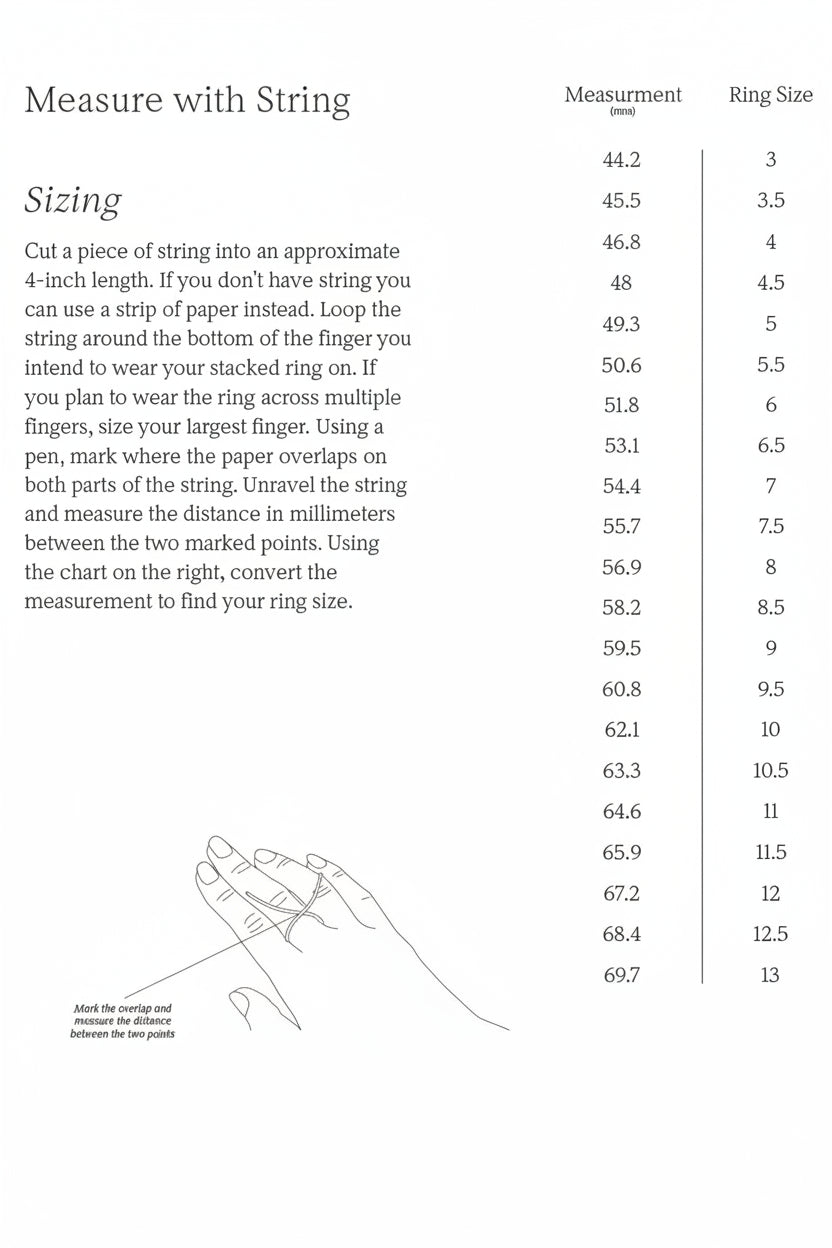 A printed measurement guide for Spinelli Kilocillin string sizing, with a sizing table, measurement instructions, a chat box contact section, and a small line drawing showing where to measure on the string.