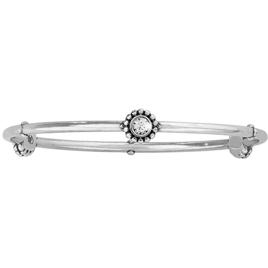 Silver bracelet with a central gemstone on a white background